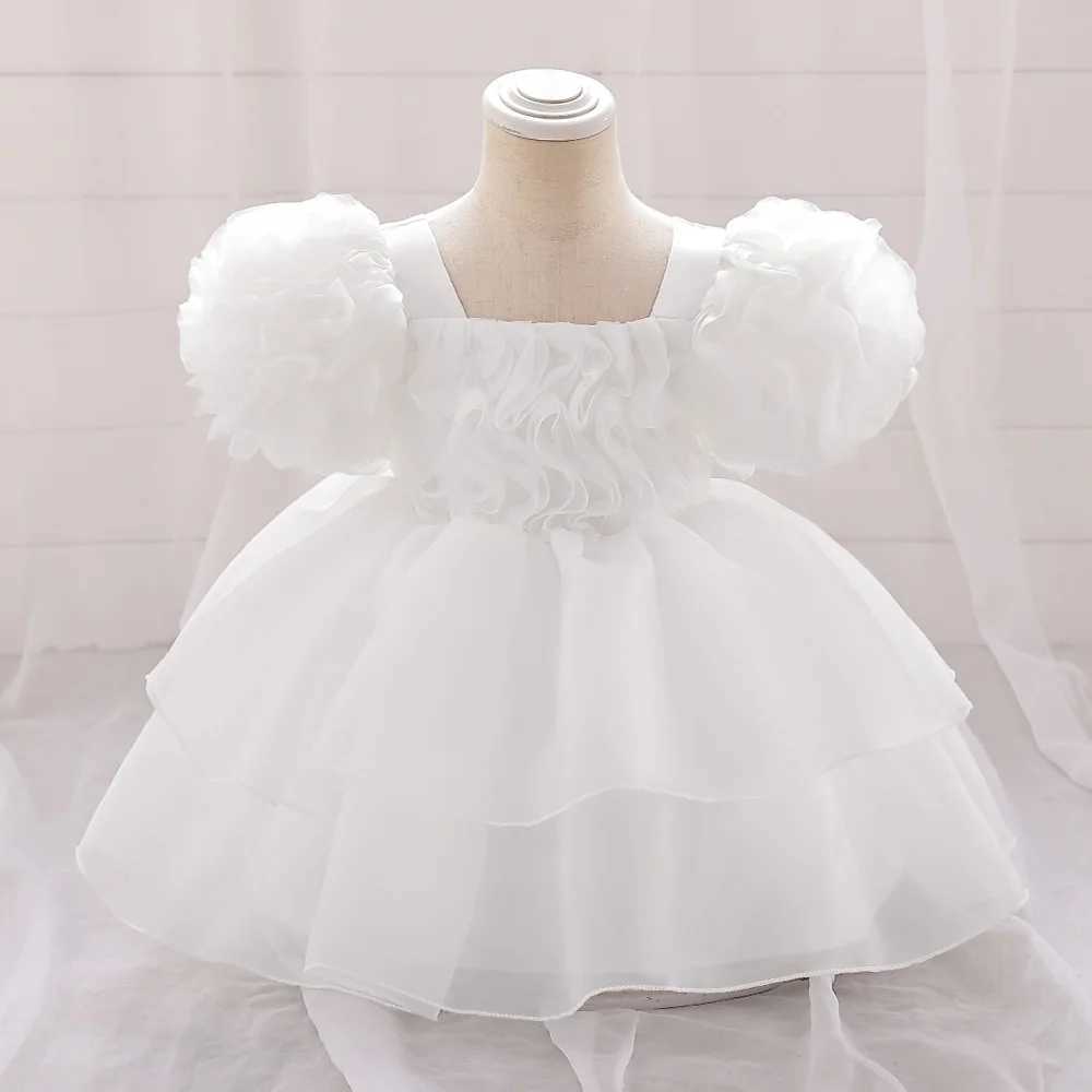 Fluffy Tulle Baby Girl Party Dress Puff Sleeve White 1st Birthday Baptism Wedding Princess Dresses Girls Bridemaid Baby Clothing X250203