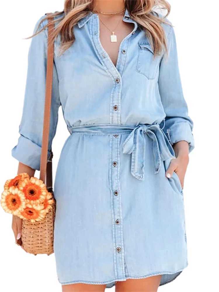 Women Autumn Denim Shirt Dress Solid Color Long Sve Button-Down Lapel Short Dress with BeltXJ250115