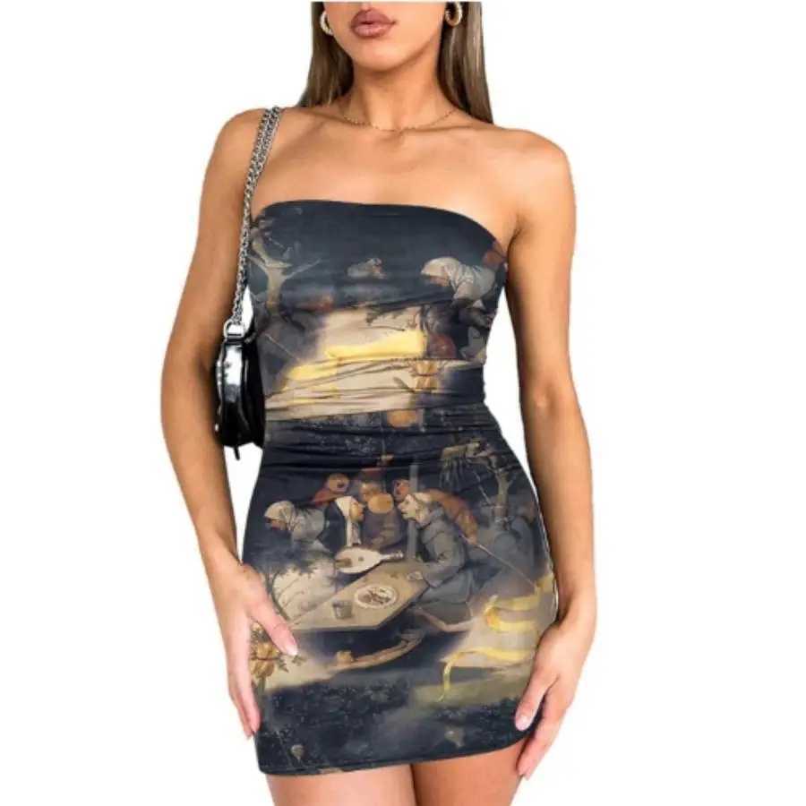 Europe and the United States womens spring new trend chest print pleated pullover cover buttock wrap short dressXJ250115