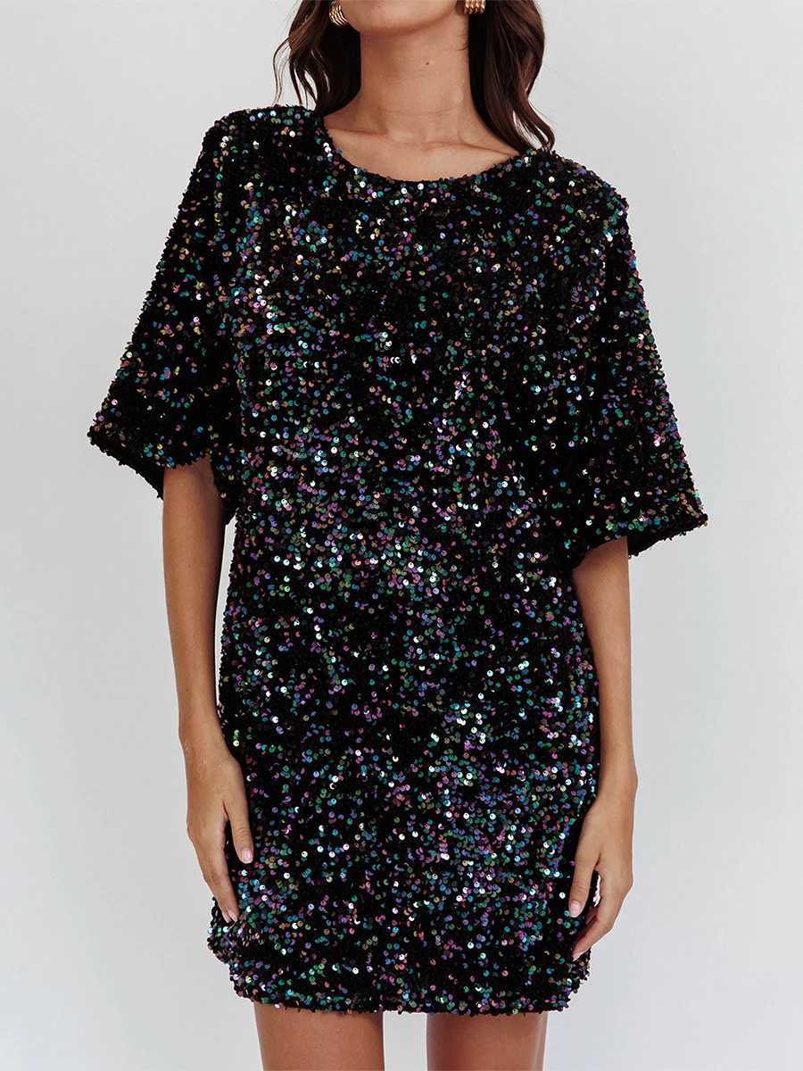 Women s Sequin Dress Casual Loose Sparkly Round Neck Short Sve Open Back Tie-Up Mini T-Shirt Dress for Party ClubXJ250115