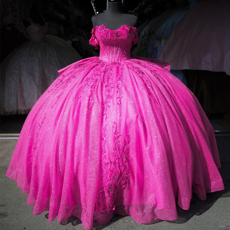Rose Red Shiny Quinceanera Dresses Ball Gown Off Shoulder Appliques Lace Beading Tull Corset Birthday Party Sweet 16 Dress Vestidos 15 De Anos