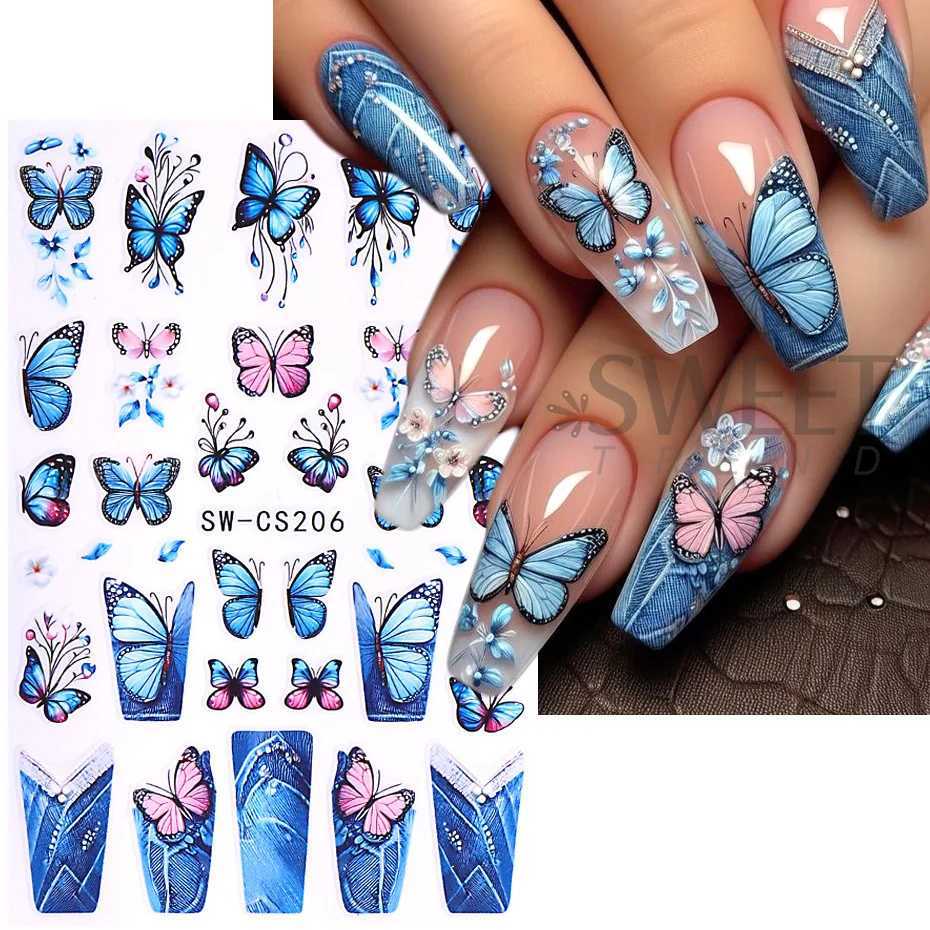 3D Pink Cherry Blossom Nail Stickers Lace Denim Butterfly Sakura Flower Petals DIY Y2K Spring Summer Slider Nail Art DecorationXJ250120