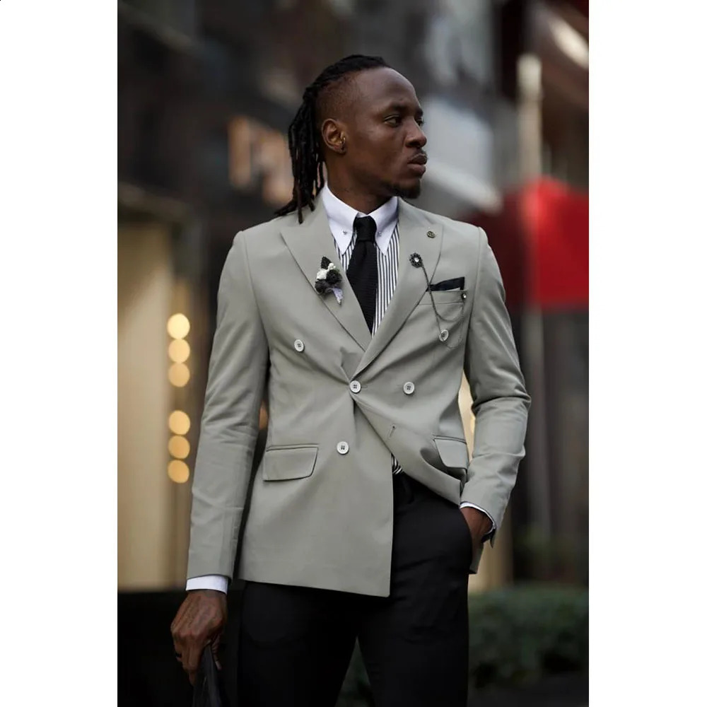Elegant in Mens Suits Double Breasted 2 Pieces Gray Jacket Black Pants Blazers Sets Smart Business Banquet Costume Homme 250121