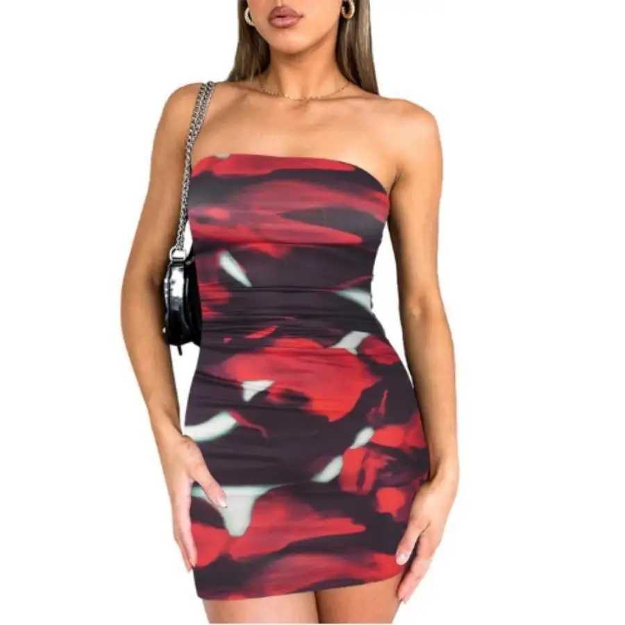 Europe and the United States womens spring new trend chest print pleated pullover cover buttock wrap short dressXJ250115