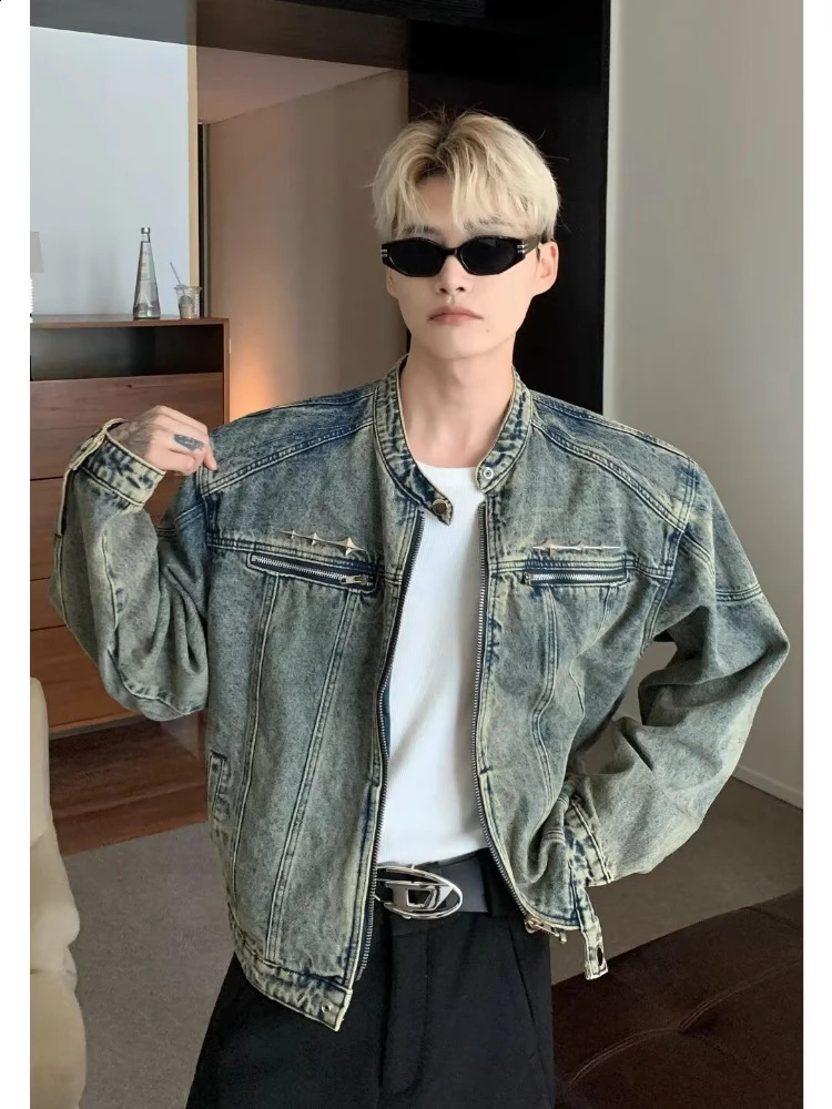 Mens denim jacket American style high street zipper vintage jacket washed distressed denim jacket spring casual streetwear 250109