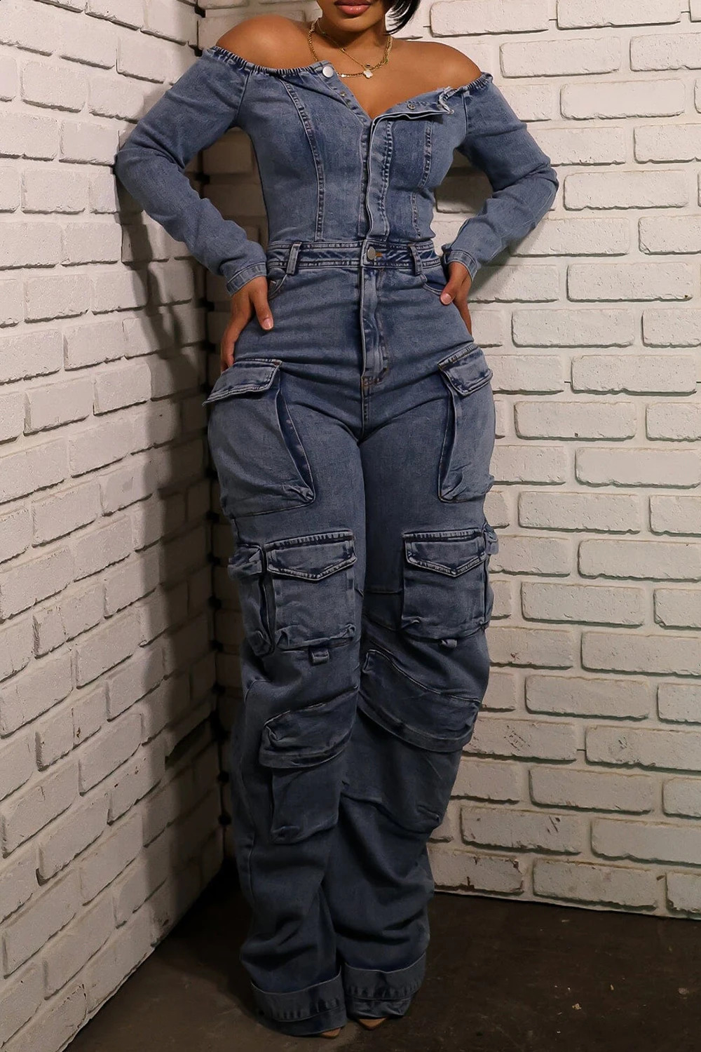 Plus Size Daily Blue Off The Shoulder Long Sleeve Pocket Cargo Denim Jumpsuits 250122