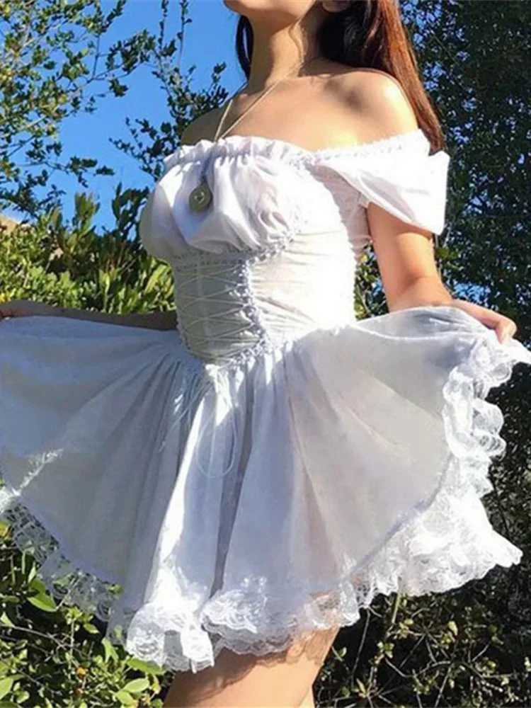 Women Summer Dress Puff Short Sve Square Neck Corset Tie-up A-line Dress Y2K Aesthetic Vintage Lolita Dresses FeXJ250115