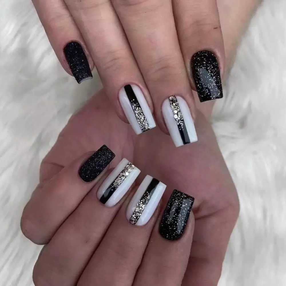 24Pcs Short Square Coffin False Nail with Jelly Adhesive Glitter Gradient Design Detachable False Nail Full Cover Press on NailsW250120