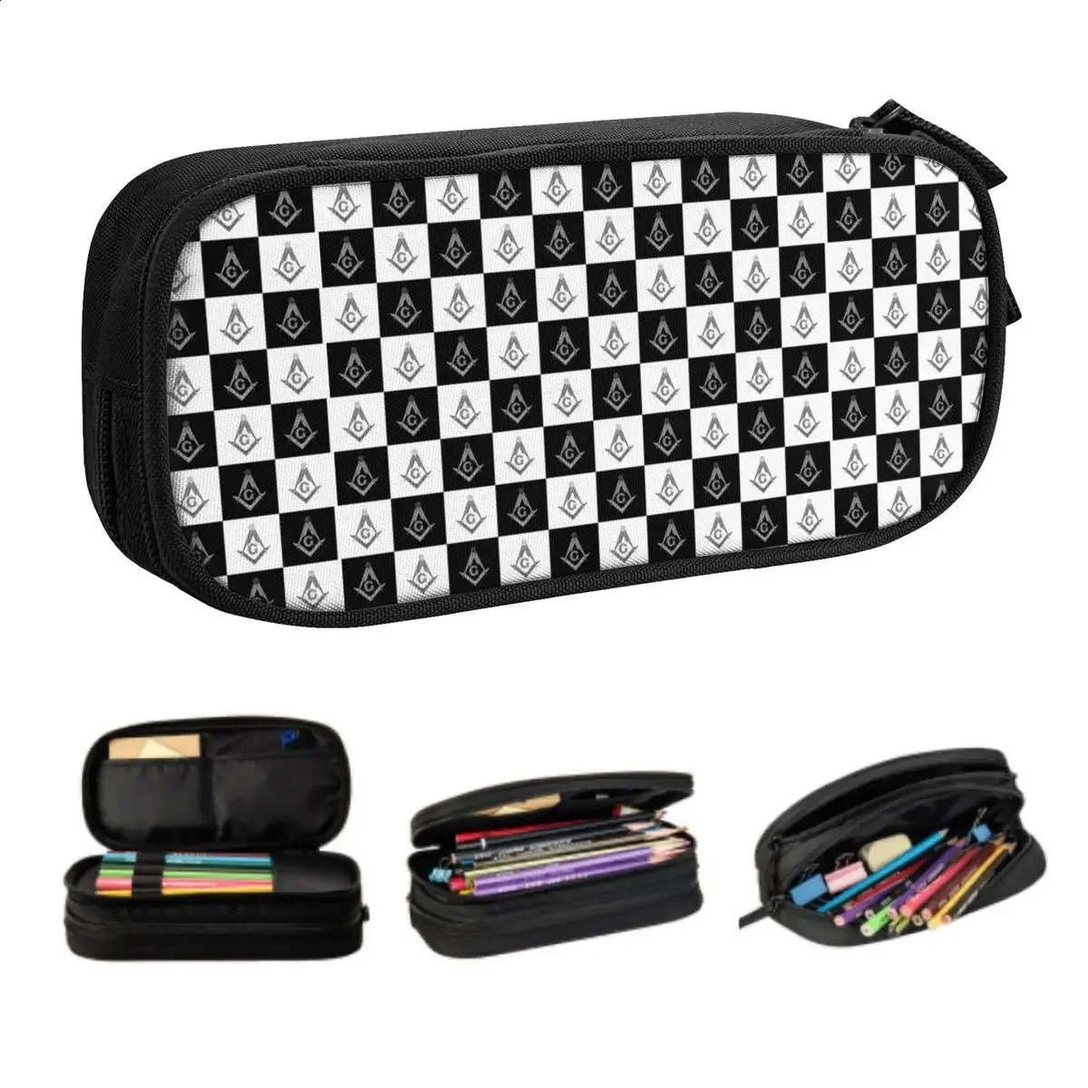 Korean Freemason Checkered Pattern Pencil Cases for Boys Gilrs Custom Mason Masonic Large Storage Pen Box Bag School Accessories 250120