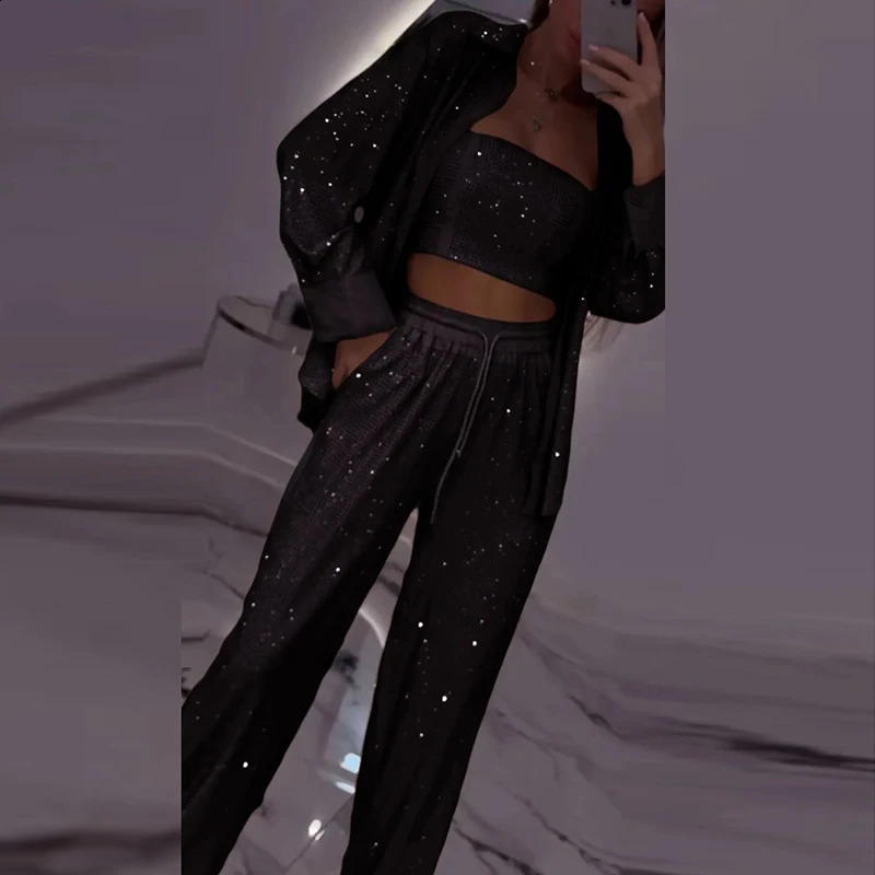 Casual Lapel Shirt Commuting Suit Elegant Club Party Multicolor Outfit Fashion Sequin Long Sleeved Women 3 Piece Set For Spring 250122