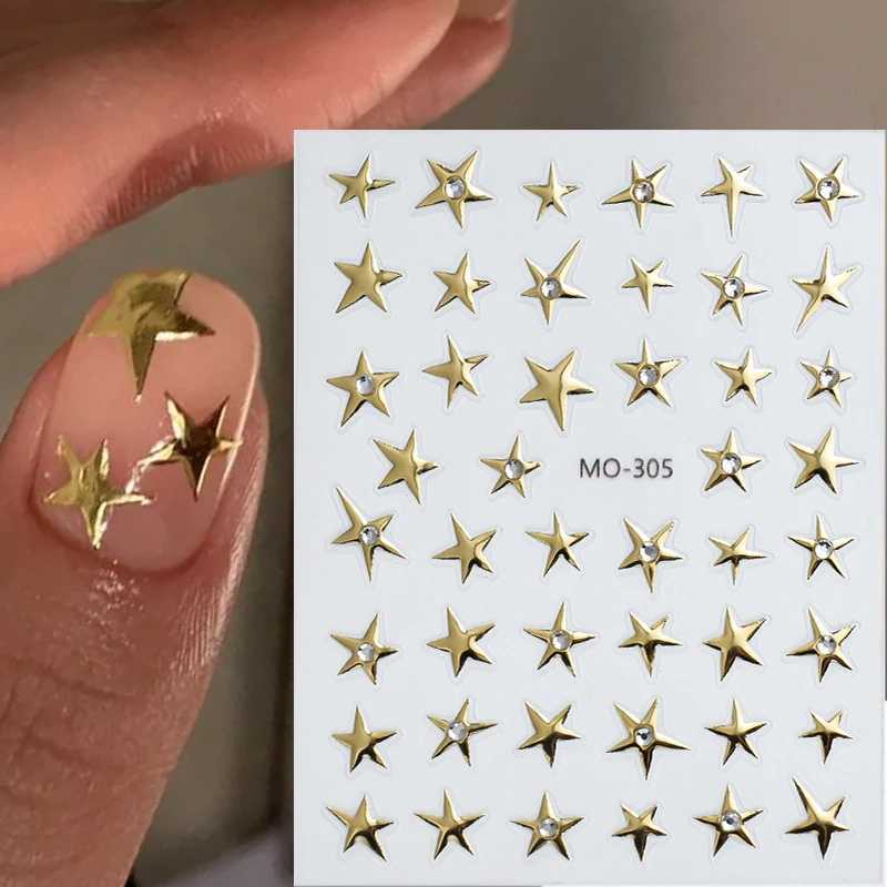 Gold Brozing Star 3D Nail Art Sticker Metallic Silver Pentagram Nail Decoration Reflective Adhesive Slider Decals DIY AccessoryXJ250120
