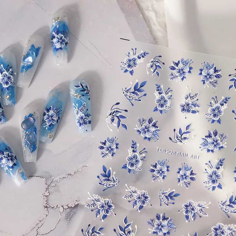 Acrylic Engraved Nail Sticker Holographi Blue Flowers Gold Line Self-Adhesive Nail Transfer Sliders Wraps Manicures Foils Z0661XJ250120