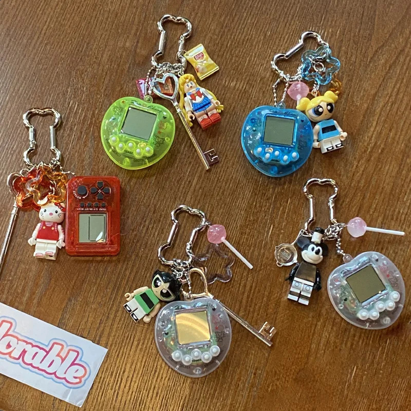 Creative Childhood Vintage Rainbow Game Console Bone Keychain Kawaii Harajuku Charm Crystal Heart Lock DIY Bag Pendant Keychain250114