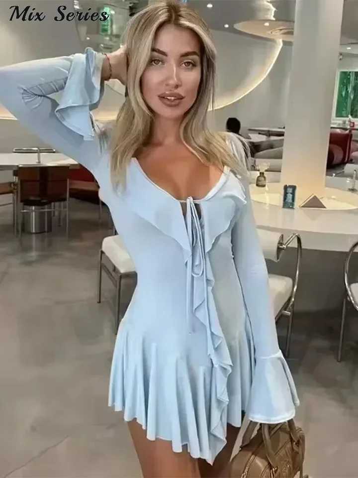 Sexy Ruffles Lace Up Mini Dress Women V-neck Long Flare Sve Backless Vacation Dresses 2024 Autumn New Fe Solid VestidosXJ250115