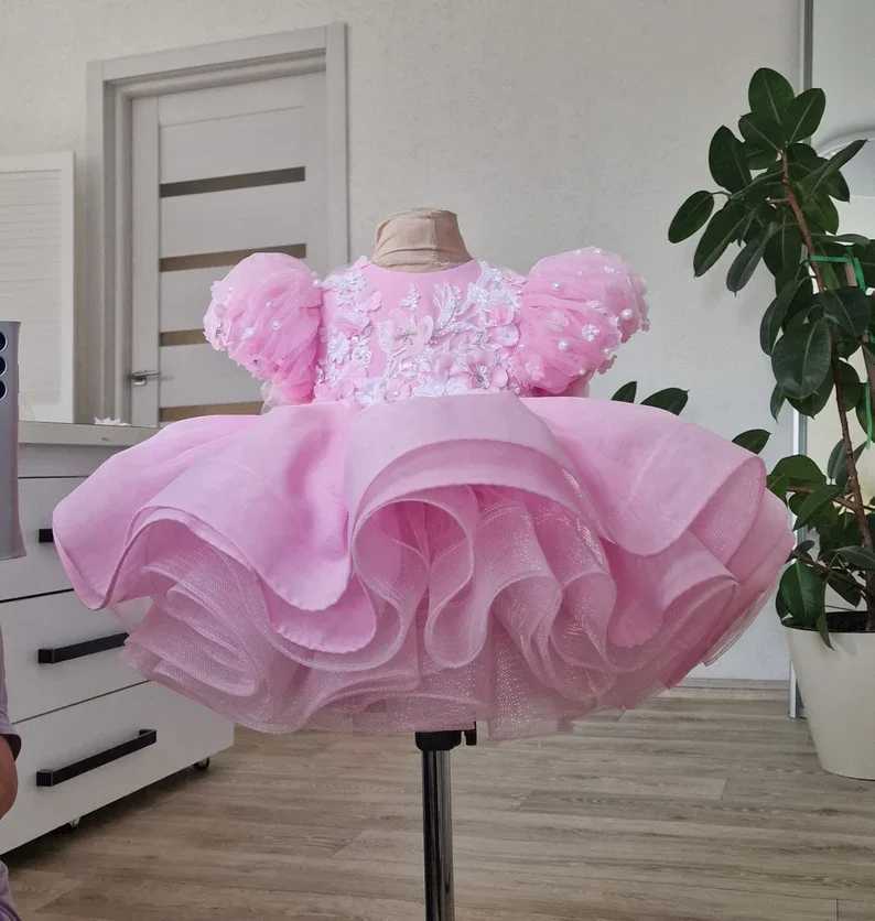 Fluffy pink baby princess ball dress childrens newborn party pearl chiffon first communion wedding dress Baptist costume X250203