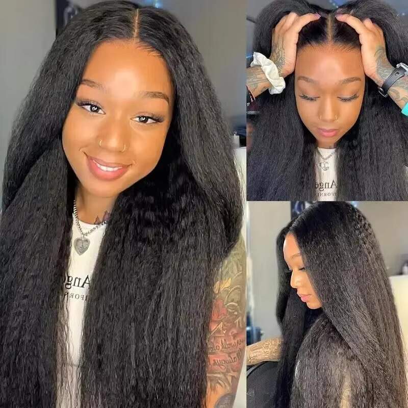 30Inch Kinky Front Pre Plucked 13X6 Closure Human Hair Mongolian Yaki Straight Lace Wig For Woman