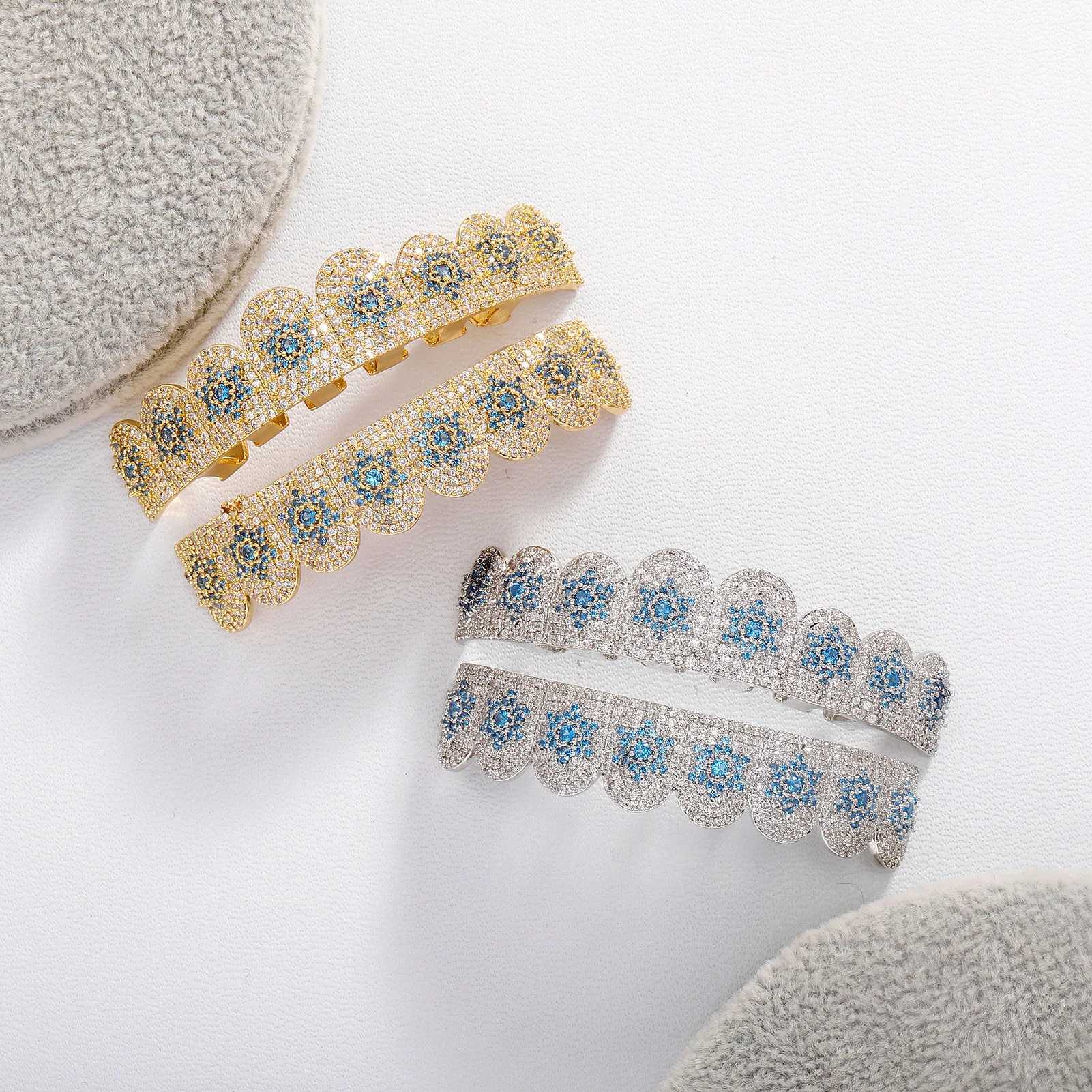 RACHELZ 2024 8/8 Blue Color Star Cubic Zircon Teeth Grillz Hip Hop CZ Stone Tooth Caps For Women Men Body JewelryXJ250114