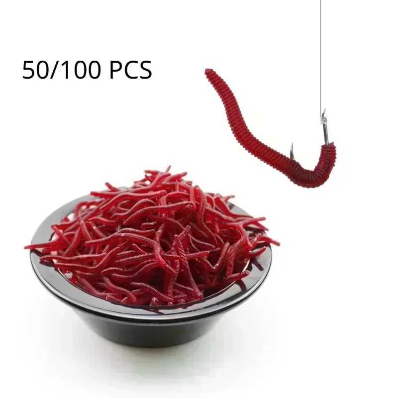 10/20/50/100/200pcs Soft Lure Bass Bream Bloodworm Fishing Earthworm Worm Rubber Red Worms Baits Fishy Smell Realistic TackleXJ250122
