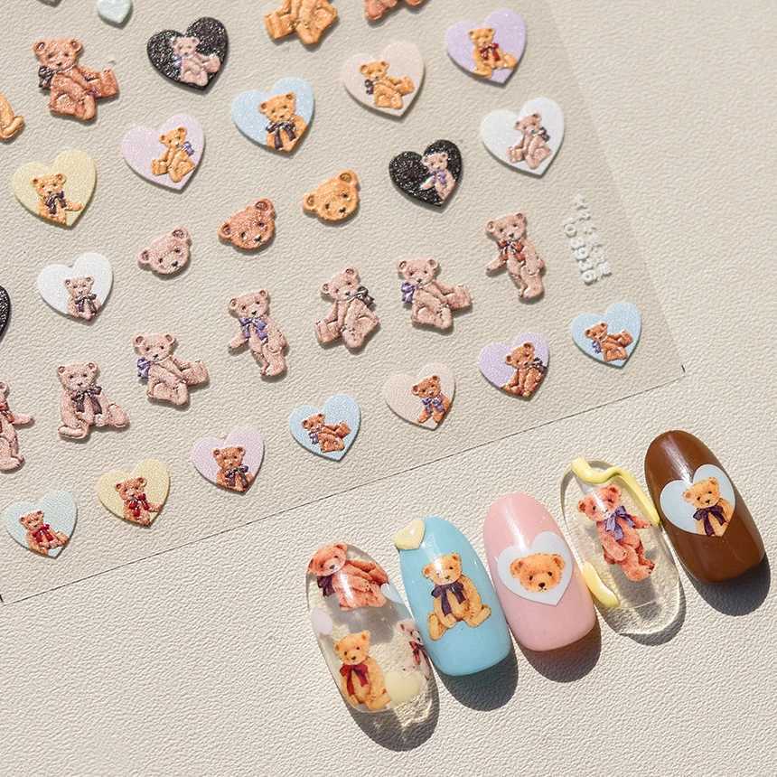 Cute Love Heart Bear Cream Cake Bread Flower Bowknot Cartoon Bunny Embossed Relief Self Adhesive Nail Art Sticker Manicure DecalXJ250120