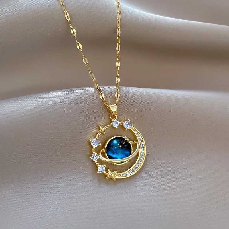 Luxury Inlaid Zircon Planet Moon Pendant Necklace For Women Titanium Steel Butterfly Water Drop Clavicle Chain Charm JewelryXJ250121