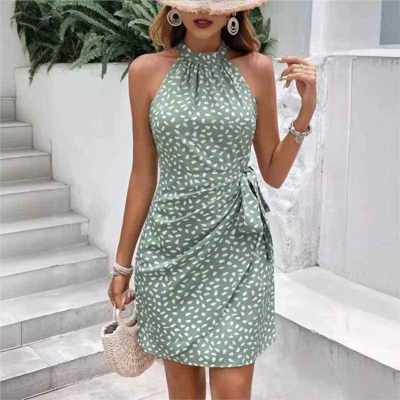 Womens Summer Fashion Hanging Neck Zipper Sveless Floral Pleated Short Dress Sexy Off Shoulder Lace-Up Mini Dress VestidosXJ250115