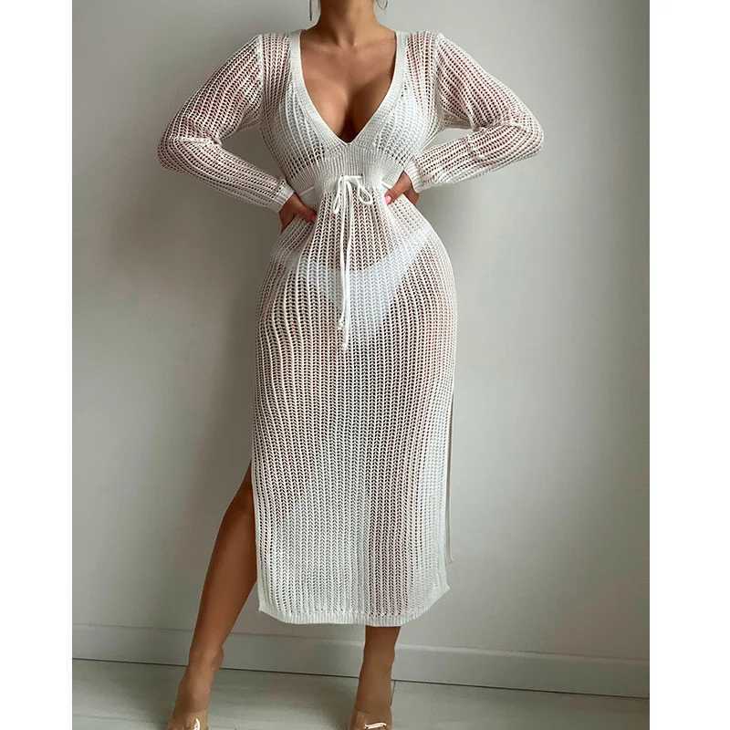 Long Sleeve Deep V Knit Dr Sarong Boho Beach Cover up Summer Crochet Bikini Cover-ups Side Slit Swimwear Women Swimsuit W250120