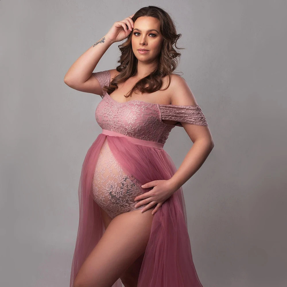 Maternity Pography Dresses Pregnancy Lace Bodysuit Tulle Long Sides Slit With Flying Dress Pregnant Woman Po Shoot Outfit 250114