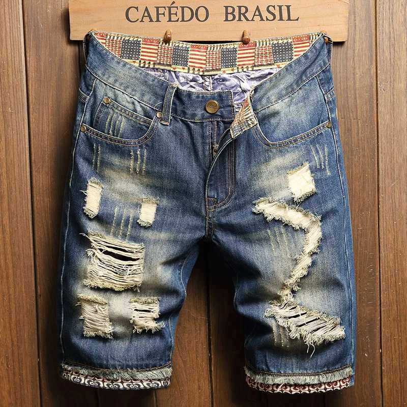 2023 Summer Ripped Denim Shorts Mens Quarter Pants Loose Large Size Medium Fashion Brand Personality Beggar Breeches X250203