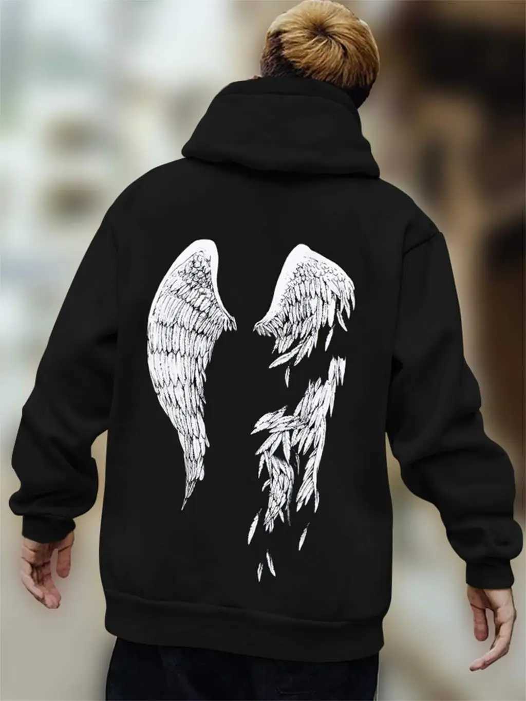 Street Trend Wings Printing Hoodie For Men Pocket Drawstring Pullovers Loose Fleece Warm Sweatshirts Autumn Comfortable ClothesXJ2500118