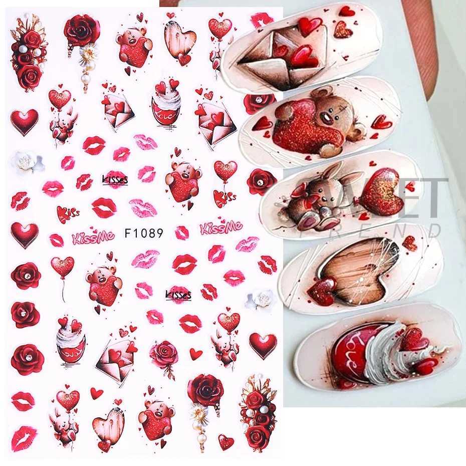 3D Cartoon Valentines Nail Stickers Red Love Heart Cute Cat Bear Panda Sexy Women Lips Letter DIY Romantic Manicure DecorationXJ250120