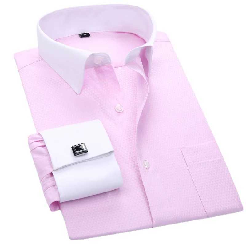 2024 Mens Classic French Cuffs Striped Dress Shirt Single Patch Pocket Cufflink Included Long Sleeve Wedding ShirtsXJ250121