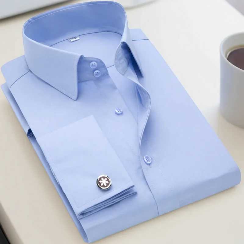 Mens French cufflinks shirt mens slim fit long sleeved business sleeve nail free business formal mens solid color shirtXJ250121