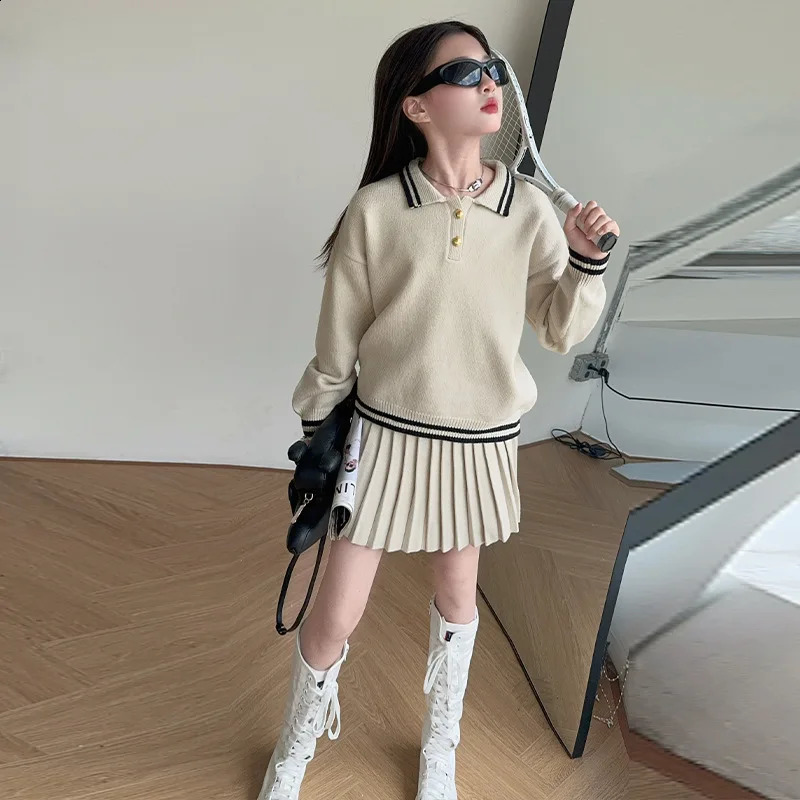 winter spring Girls set Clothes teenager knit sweatshirts sweater short pleated skirt baseball 4 8 10 12 year tracksuit 250117
