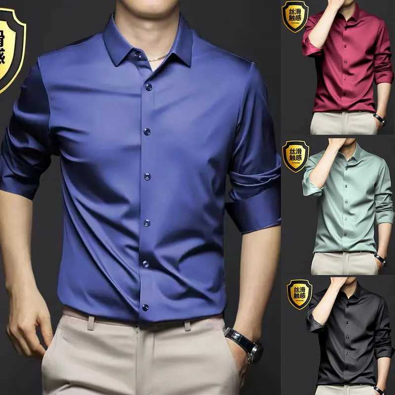 6XL mens shirt long sleeve silky dress Spring and Autumn free ironing Business casual fashion high quality slim breathableXJ250121