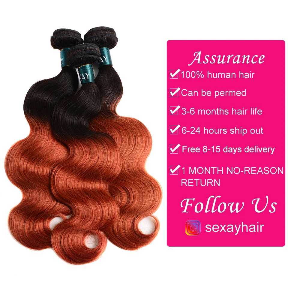 Ombre Orange Human Hair Bundles With Clo Brazilian Body Wave 1B/350 Human Hair Weaving And 4x4 Swiss Lace Clo Free PartXJ250120