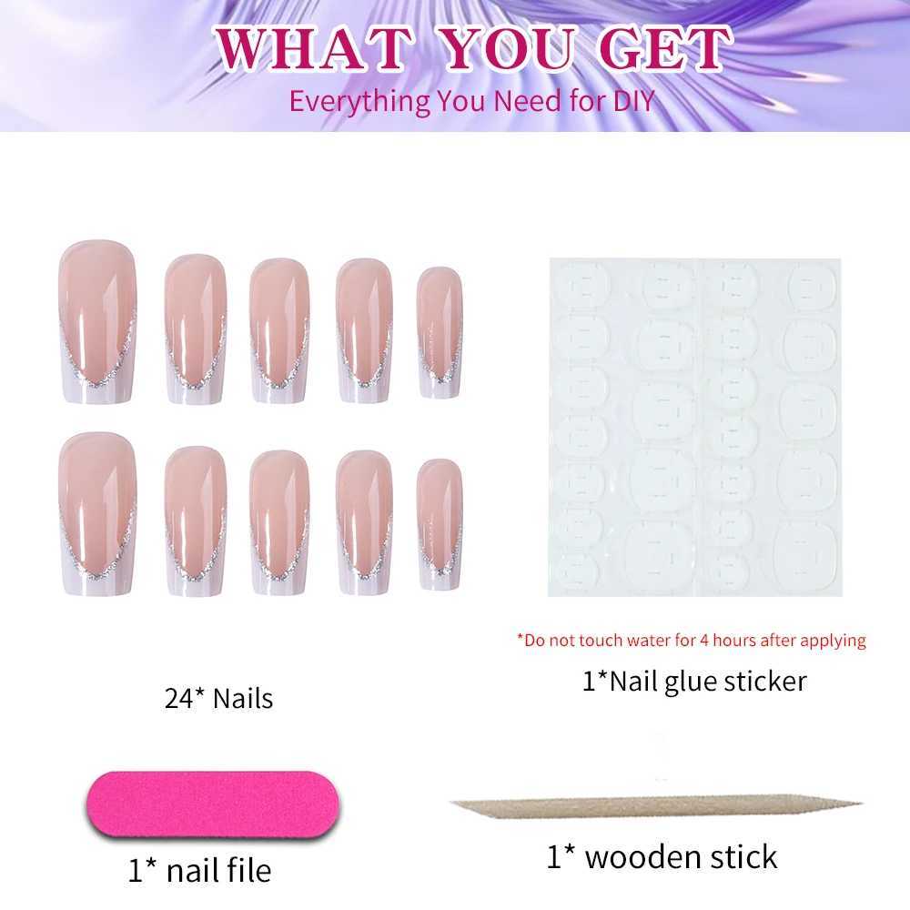 Medium length square nail - Solid color flash white French simple press nail Detachable fake nail acrylic nail24pcs/W250120