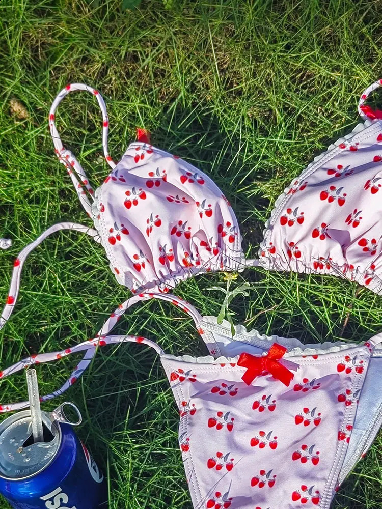 Patchwork Bikinis String Bikini Set Ruffles Side Swimwear Women Sexy Swimsuit Woman Halter Bathing Suits Two Piece Beachwear 250121