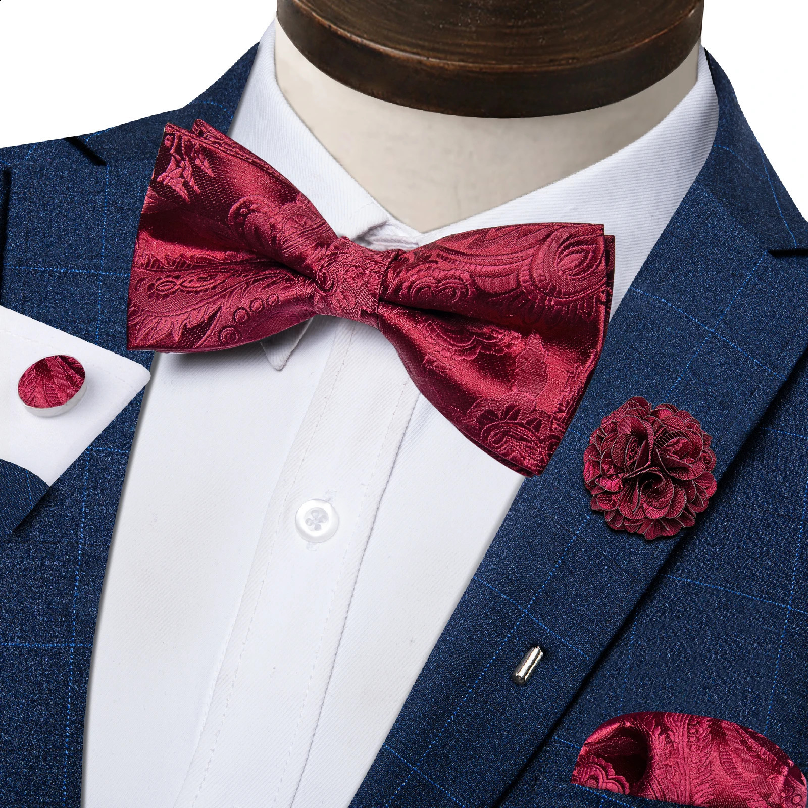 Wedding Bow Tie for Men Classic Red Pretied Bowtie Cufflinks Corsage Set Party Silk Butterfly Knot Gift Man Accessories 250118