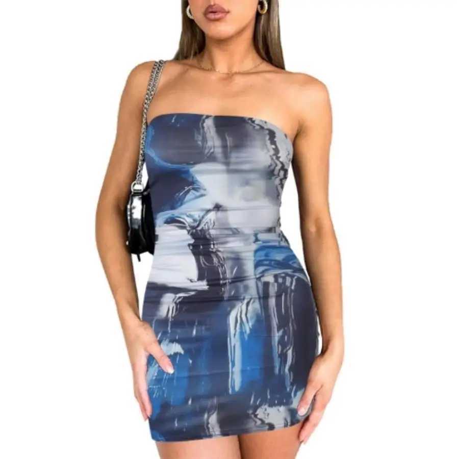 Europe and the United States womens spring new trend chest print pleated pullover cover buttock wrap short dressXJ250115