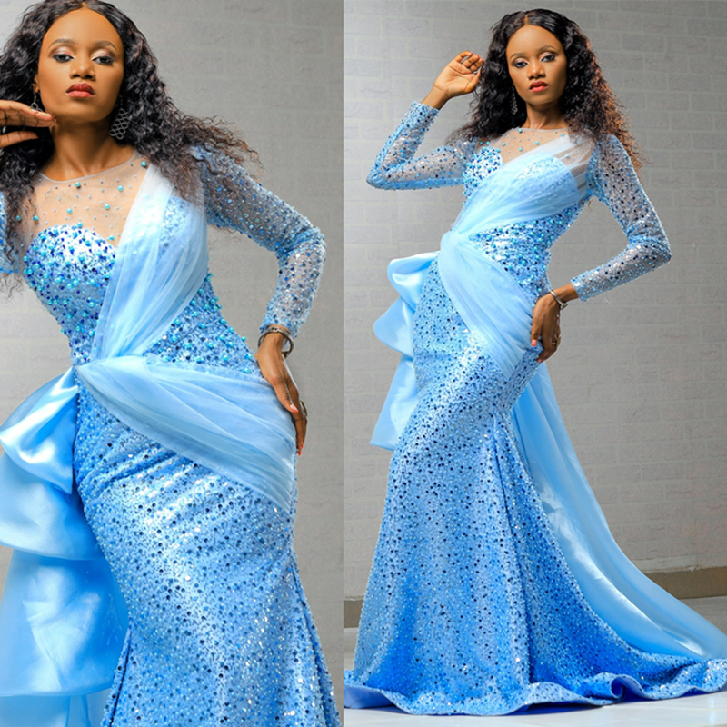 2025 Elegant Sky Blue Aso Ebi Prom Dress Mermaid Evening Gowns For Black Women Sheer Neck Long Sleeves Beaded Sequin Lace Birthday Dress Second Recept