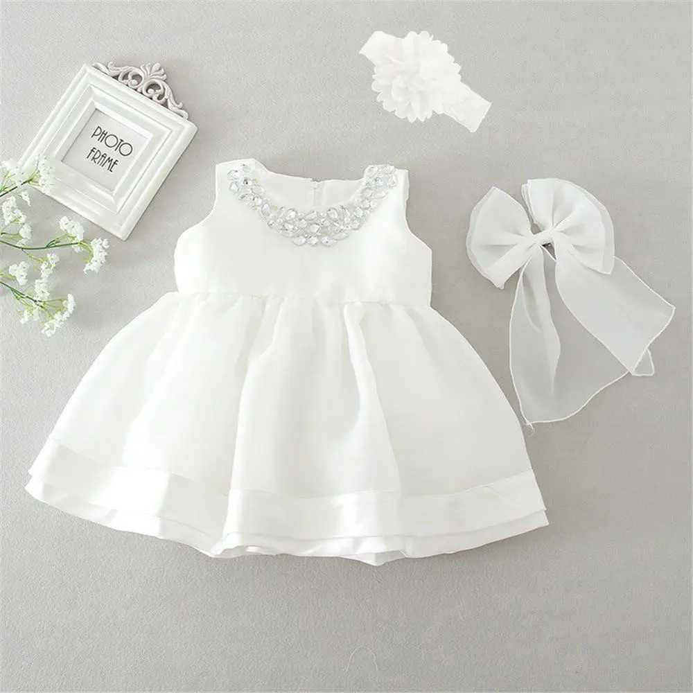 Baby Bath Dress White Wedding Birthday Party Dress Beaded Necklace Preschool Girls Christmas Dress X250203
