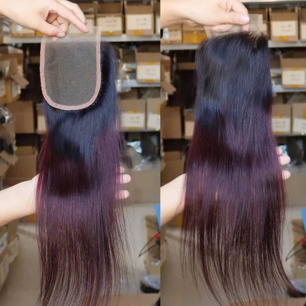 Ombre Dark Red 99J Virgin Remy Human Hair Bundles with Lace Clo 4x4 5x5 2x6 Transparent Weft Weaving Human HairXJ250120