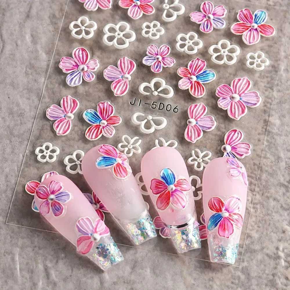 5D Nail Stickers Flowers Geometric Lines Decor Acrylic Embossed Sliders Gold Frame Nail Decals Cherry Blossom Manicure Nail ArtXJ250120