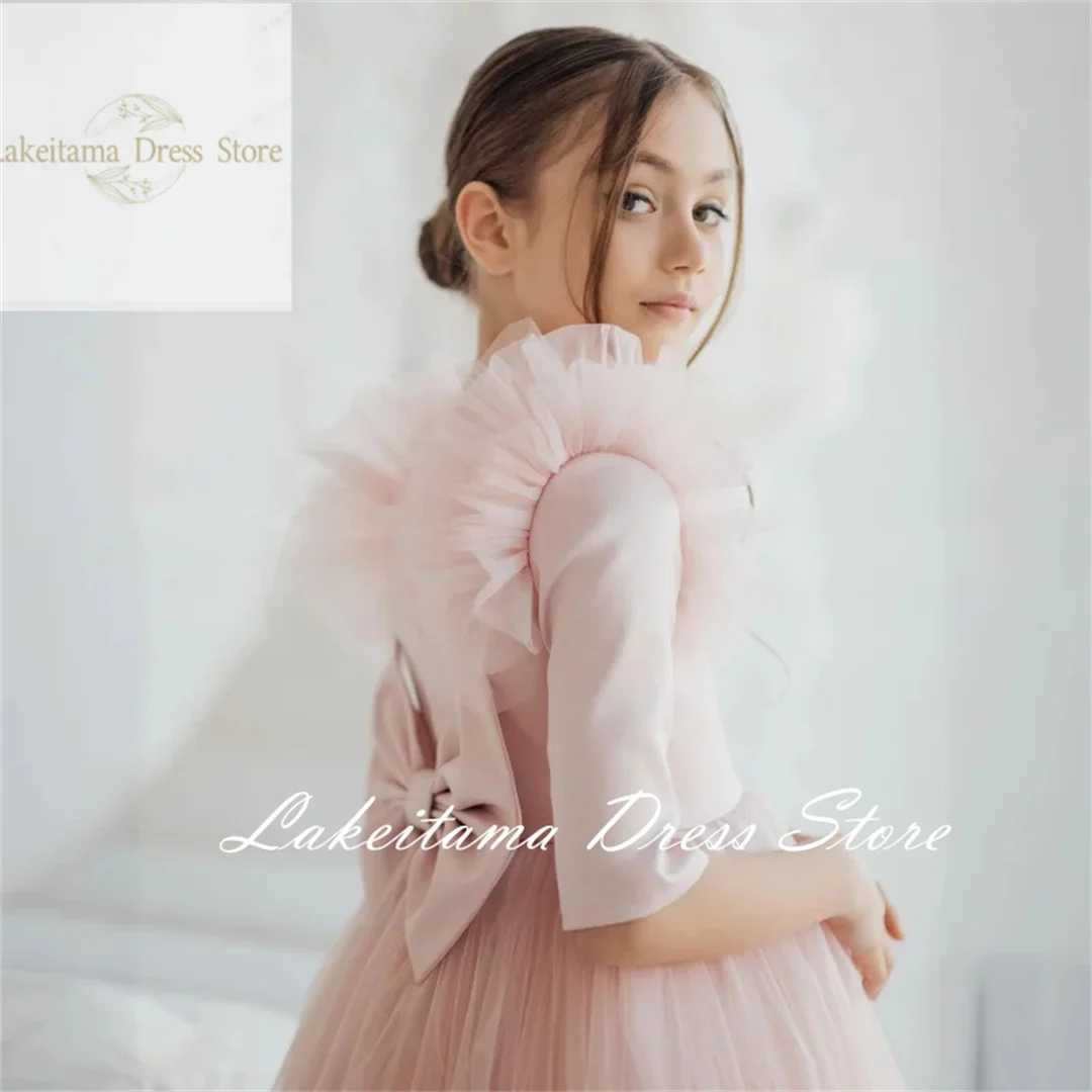 Pink floral girl dress sheer with bow and half sleeves used for weddings birthdays parties banquets princess dresses X250203
