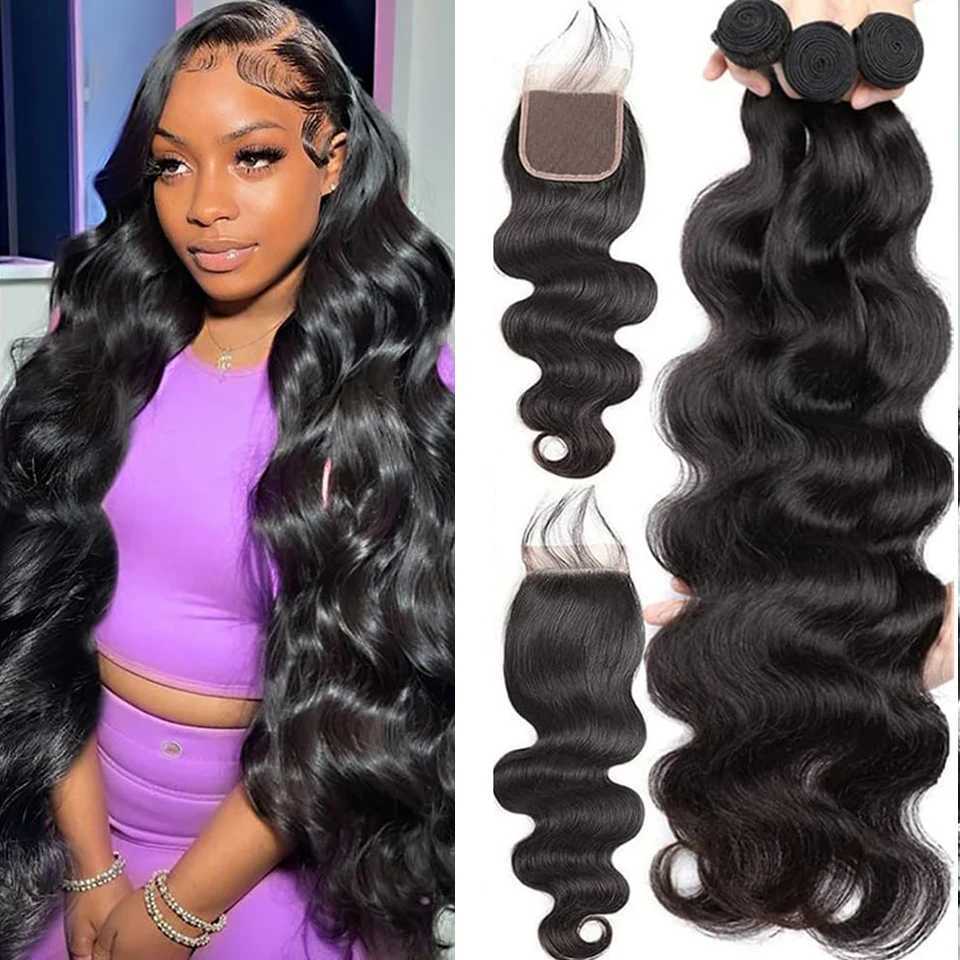 Brazilian Body Wave Human Hair Bundles with Lace Clo 100% Unprocessed Remy Hair Body Weave Hair bundles with 4x4 cloXJ250120