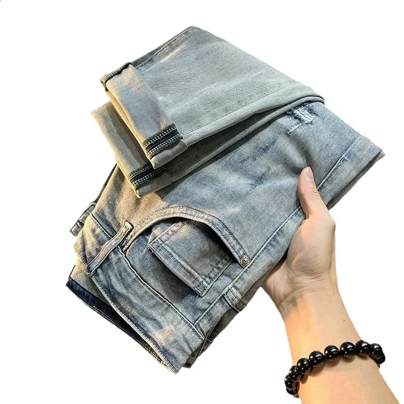 Trendy European Style Mens Jeans 2024 Slim Fit Embroidered Casual Denim Pants High End Shorts Size Variation Colorful 250110