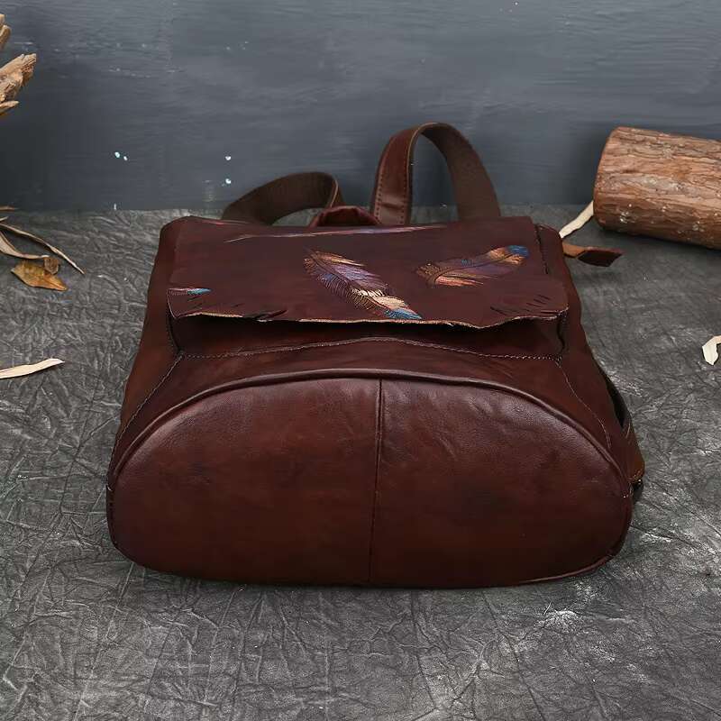 Retro Genuine Leather Bag For Women Vintage Emed Cowhide Backpacks Leisure Feather Backpack Ladies