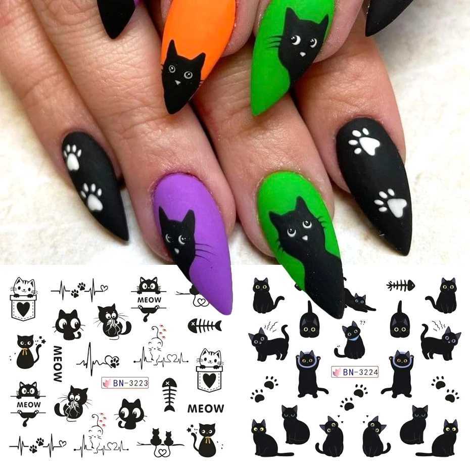 12 Designs Black Cat Nail Water Stickers Cute Kawaii Cartoon Nail Art Decals Watermark Transfer Sliders Manicure DecorationsXJ250120