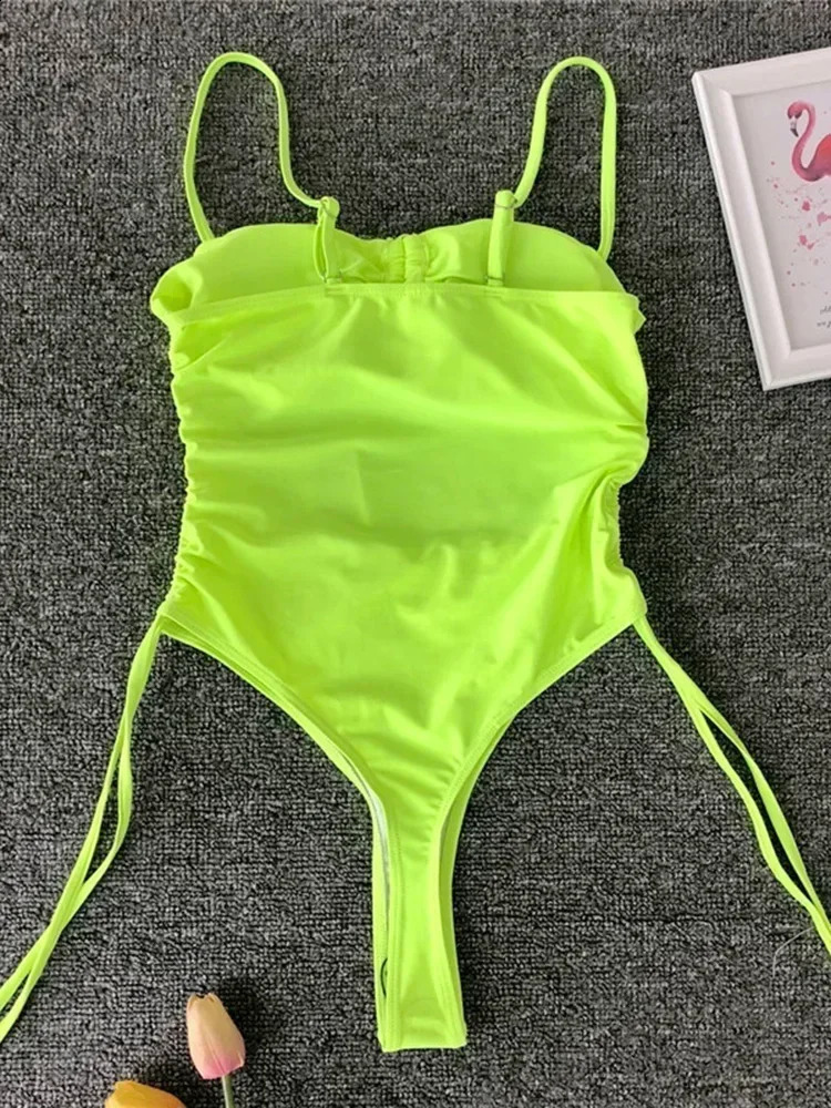Neon Green Tummy Cut Out Female Swimwear One Piece Swimsuit Women Thong String Monokini High Cut Bathing Suit Swim Bodysuit 250109