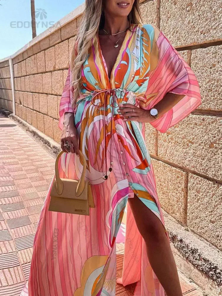Bikini Cover-ups Boho Print Long Dress Self Belted Sexy Beach Tunic Summer Women Beach Wear Swim Suit Cover Up A932 250118